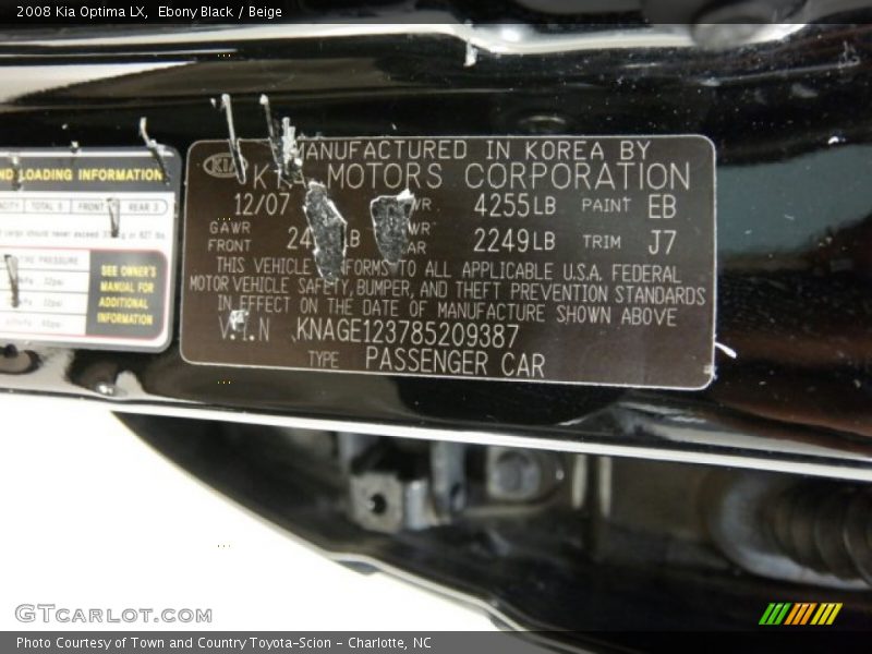 2008 Optima LX Ebony Black Color Code EB