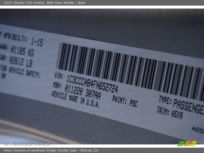 Billet Silver Metallic / Black 2015 Chrysler 200 Limited