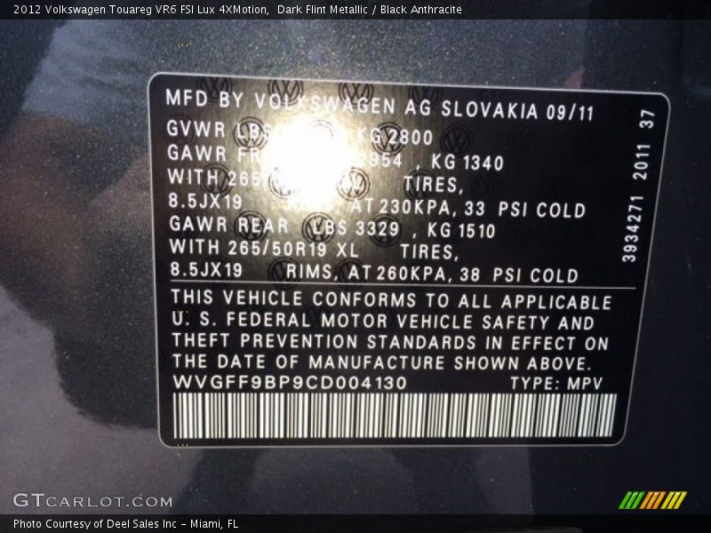 Dark Flint Metallic / Black Anthracite 2012 Volkswagen Touareg VR6 FSI Lux 4XMotion