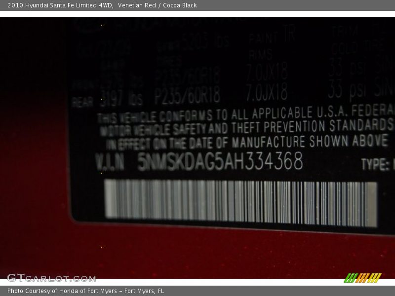 Venetian Red / Cocoa Black 2010 Hyundai Santa Fe Limited 4WD
