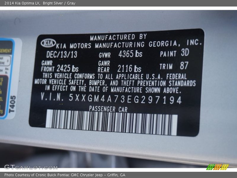 Bright Silver / Gray 2014 Kia Optima LX