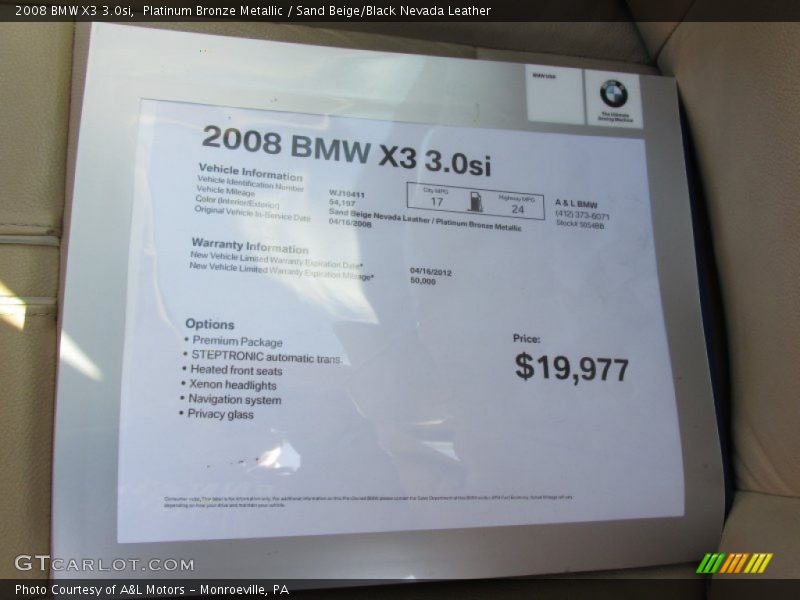 Platinum Bronze Metallic / Sand Beige/Black Nevada Leather 2008 BMW X3 3.0si