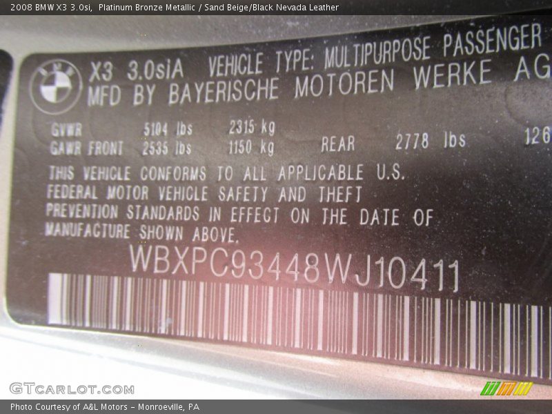 Platinum Bronze Metallic / Sand Beige/Black Nevada Leather 2008 BMW X3 3.0si