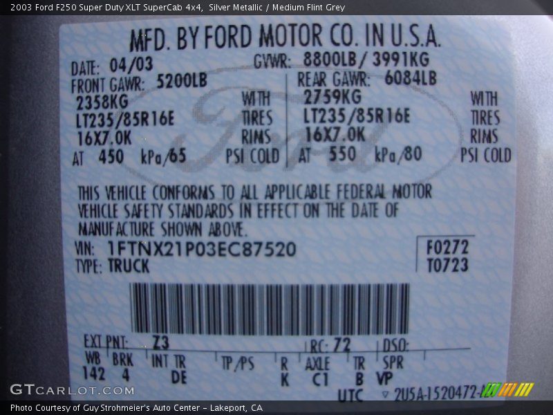 Silver Metallic / Medium Flint Grey 2003 Ford F250 Super Duty XLT SuperCab 4x4