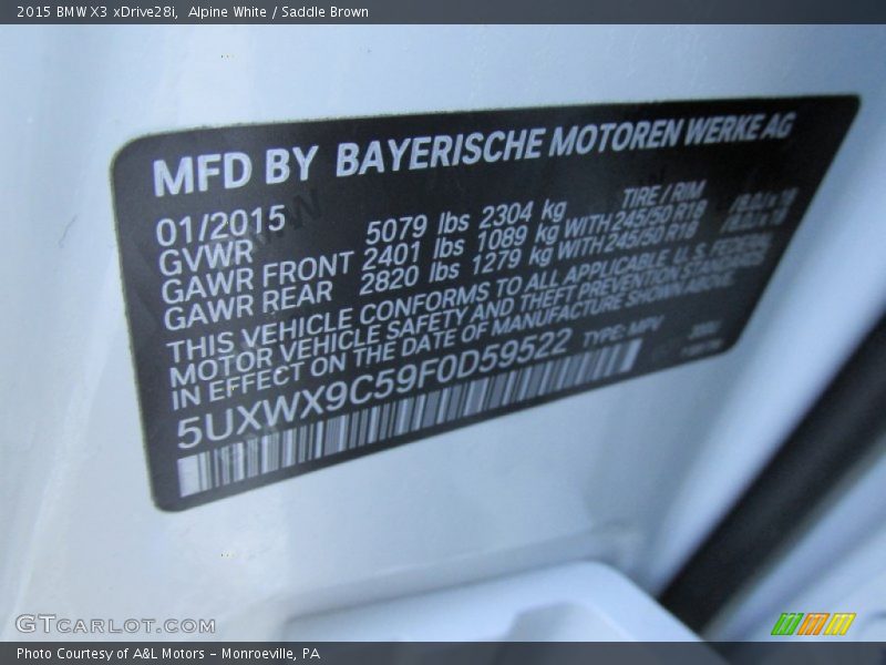 Alpine White / Saddle Brown 2015 BMW X3 xDrive28i