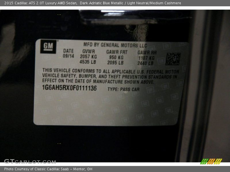 Dark Adriatic Blue Metallic / Light Neutral/Medium Cashmere 2015 Cadillac ATS 2.0T Luxury AWD Sedan