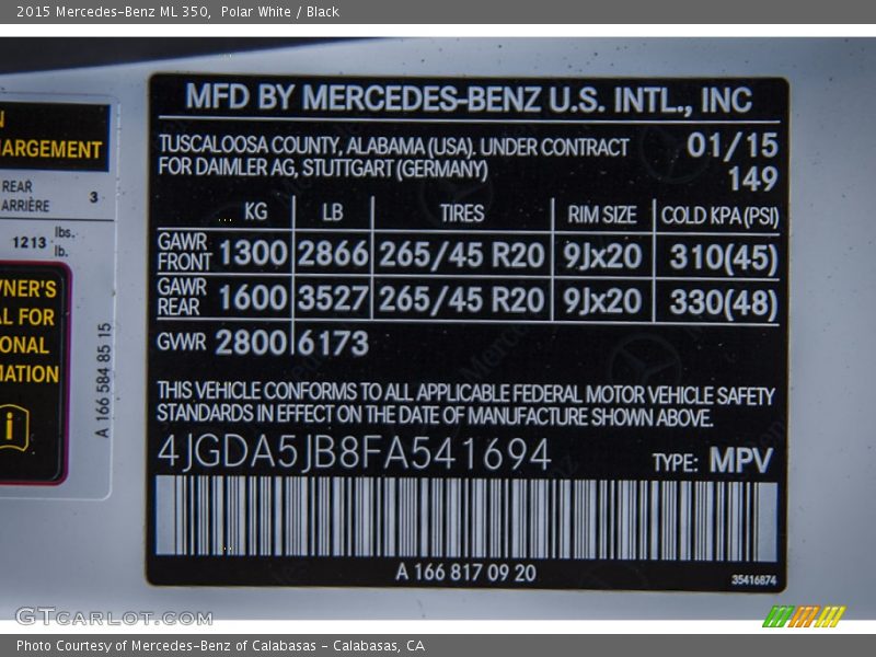 Polar White / Black 2015 Mercedes-Benz ML 350