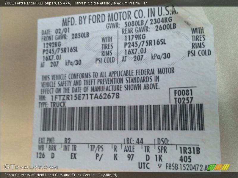 Harvest Gold Metallic / Medium Prairie Tan 2001 Ford Ranger XLT SuperCab 4x4