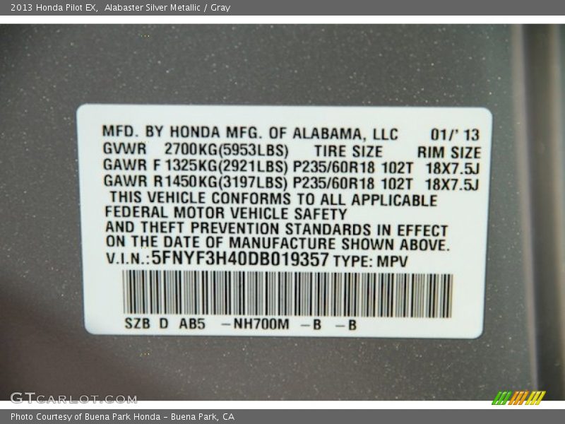 Alabaster Silver Metallic / Gray 2013 Honda Pilot EX