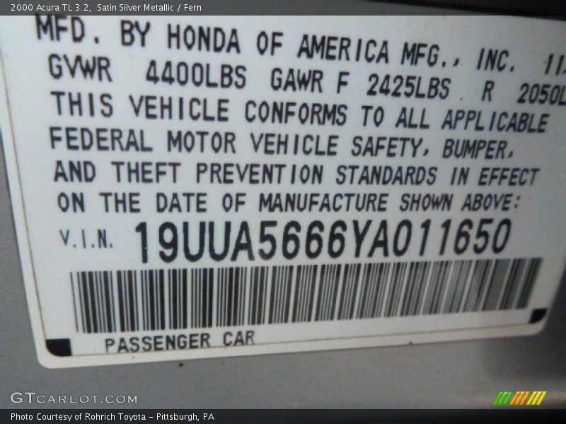 Satin Silver Metallic / Fern 2000 Acura TL 3.2