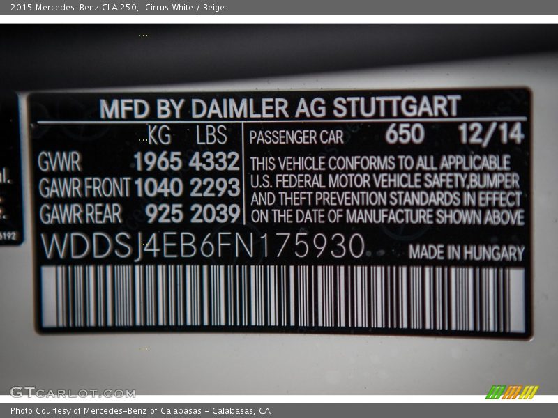 Cirrus White / Beige 2015 Mercedes-Benz CLA 250
