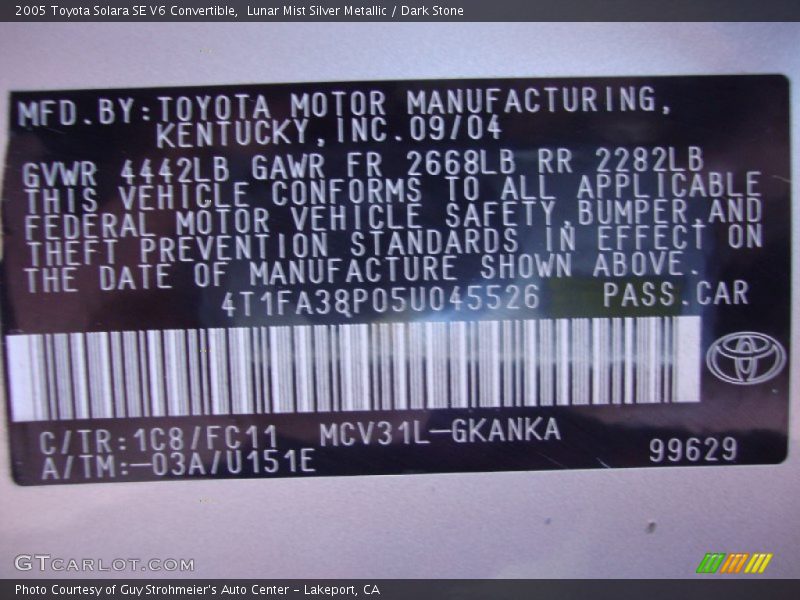 Lunar Mist Silver Metallic / Dark Stone 2005 Toyota Solara SE V6 Convertible