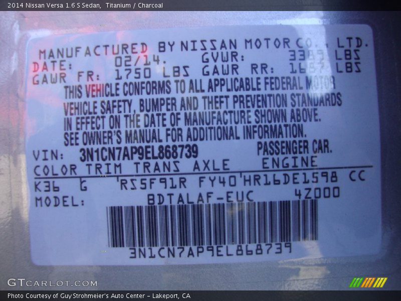 Titanium / Charcoal 2014 Nissan Versa 1.6 S Sedan