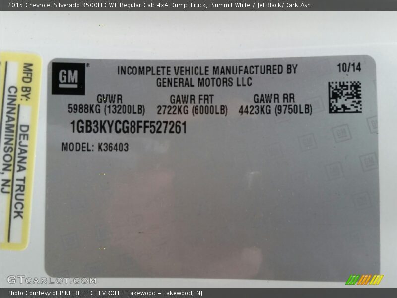 Summit White / Jet Black/Dark Ash 2015 Chevrolet Silverado 3500HD WT Regular Cab 4x4 Dump Truck