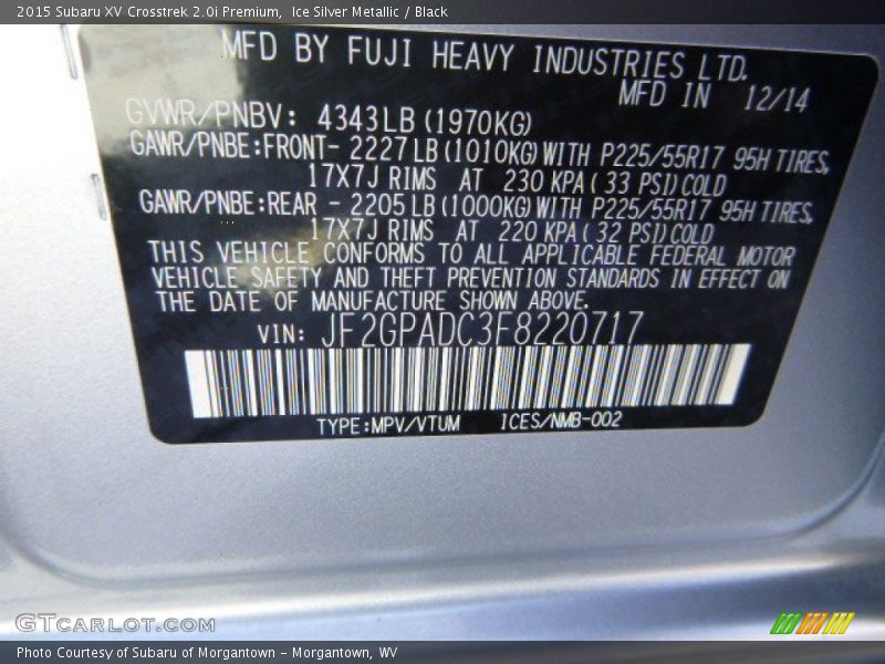 Ice Silver Metallic / Black 2015 Subaru XV Crosstrek 2.0i Premium
