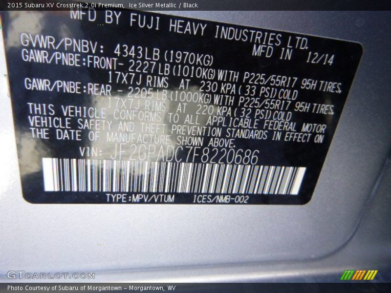 Ice Silver Metallic / Black 2015 Subaru XV Crosstrek 2.0i Premium