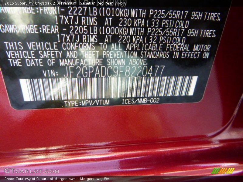 Venetian Red Pearl / Ivory 2015 Subaru XV Crosstrek 2.0i Premium