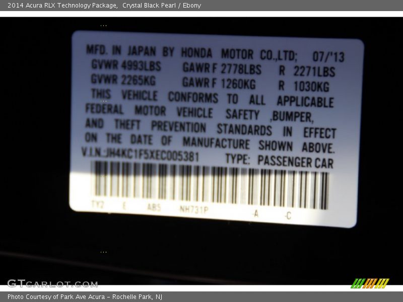 Crystal Black Pearl / Ebony 2014 Acura RLX Technology Package