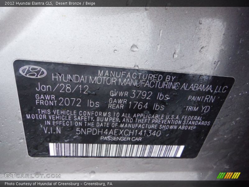 Desert Bronze / Beige 2012 Hyundai Elantra GLS