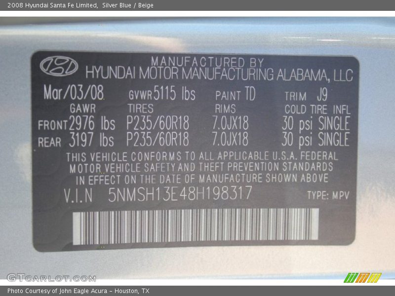 Silver Blue / Beige 2008 Hyundai Santa Fe Limited