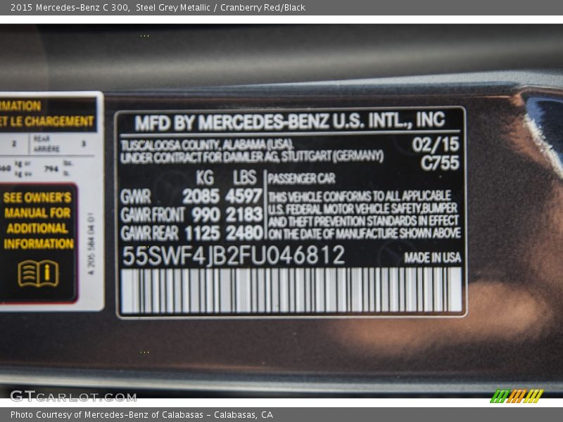 Steel Grey Metallic / Cranberry Red/Black 2015 Mercedes-Benz C 300