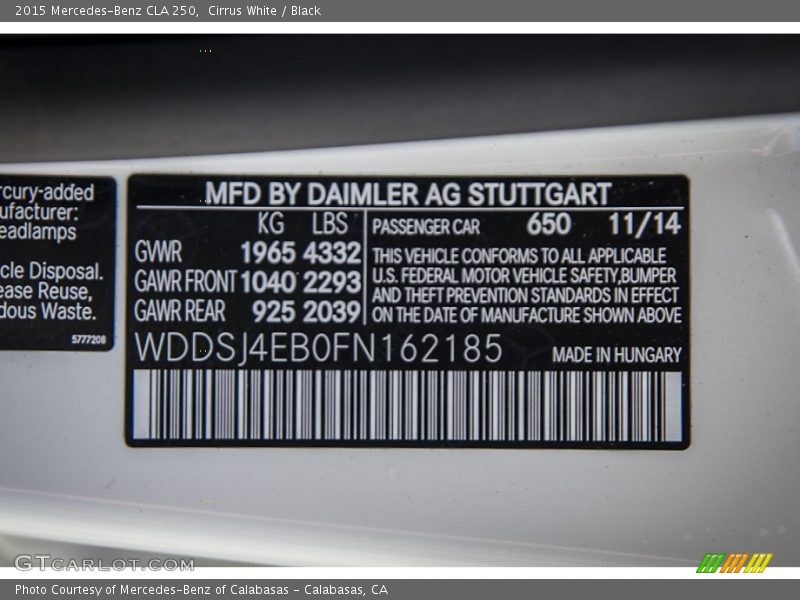 Cirrus White / Black 2015 Mercedes-Benz CLA 250