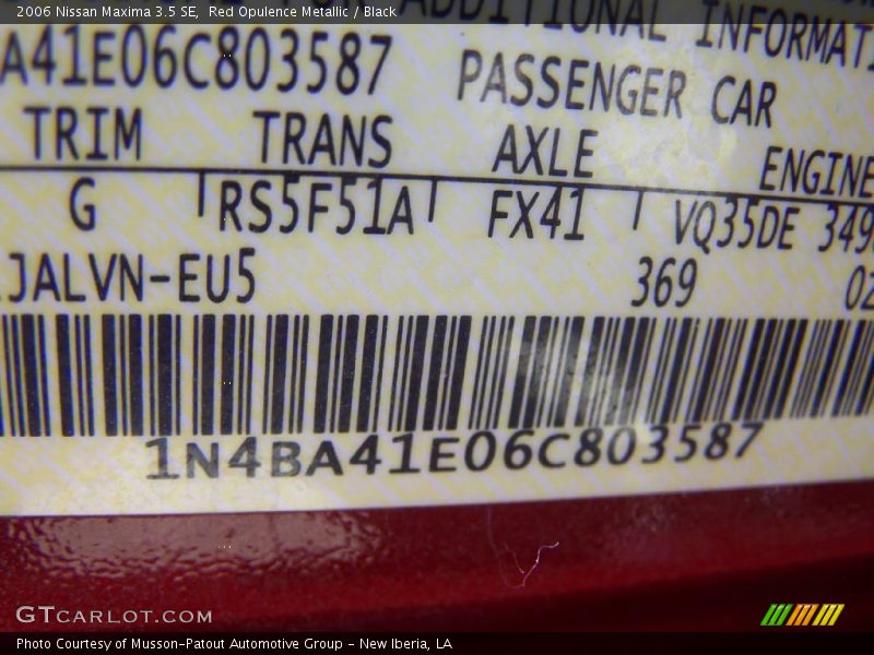 Red Opulence Metallic / Black 2006 Nissan Maxima 3.5 SE
