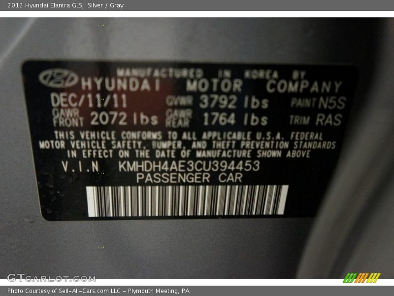 Silver / Gray 2012 Hyundai Elantra GLS