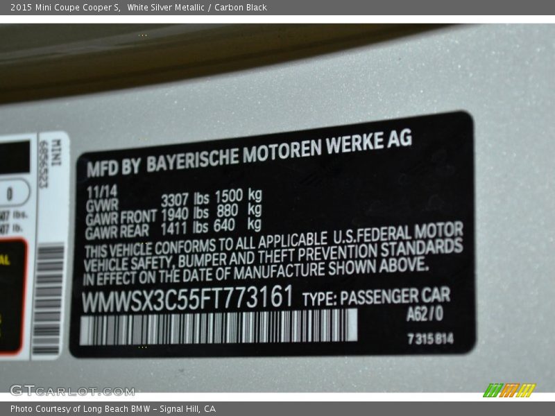 2015 Coupe Cooper S White Silver Metallic Color Code A62