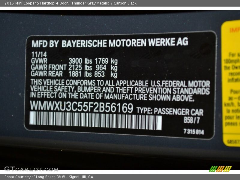 Thunder Gray Metallic / Carbon Black 2015 Mini Cooper S Hardtop 4 Door