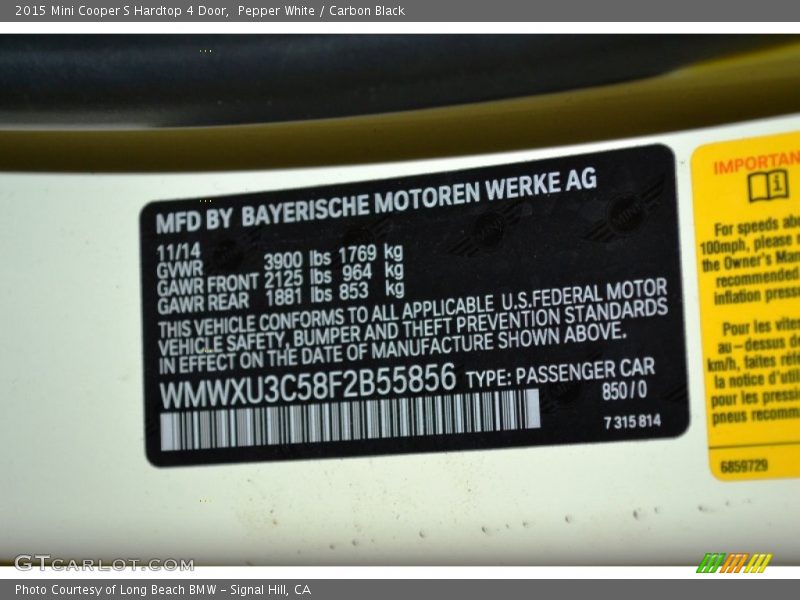 Pepper White / Carbon Black 2015 Mini Cooper S Hardtop 4 Door