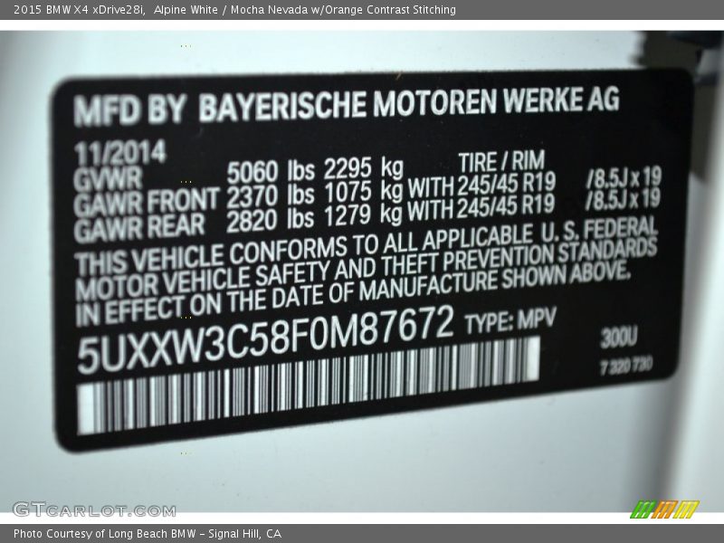 Alpine White / Mocha Nevada w/Orange Contrast Stitching 2015 BMW X4 xDrive28i