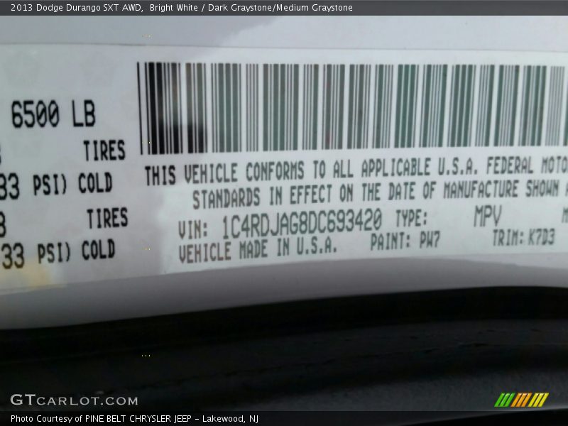 Bright White / Dark Graystone/Medium Graystone 2013 Dodge Durango SXT AWD