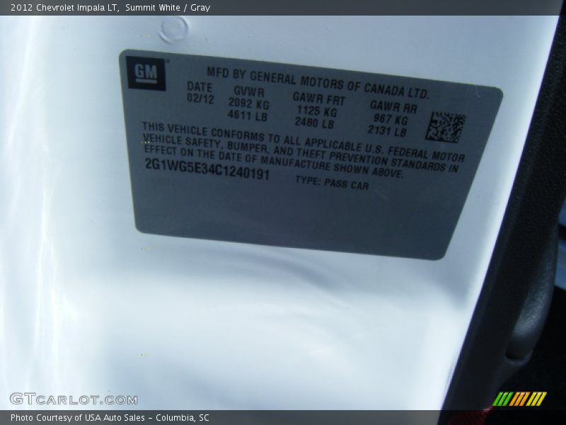 Summit White / Gray 2012 Chevrolet Impala LT