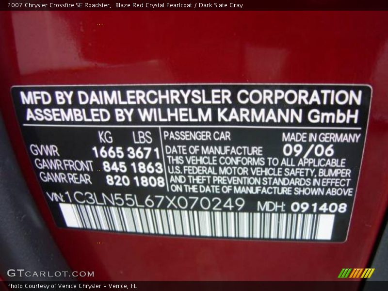 Info Tag of 2007 Crossfire SE Roadster