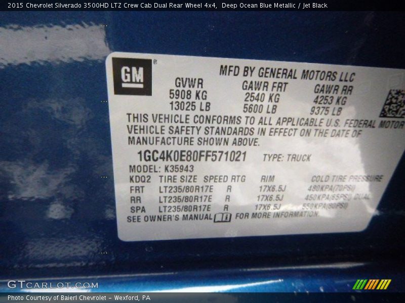 Deep Ocean Blue Metallic / Jet Black 2015 Chevrolet Silverado 3500HD LTZ Crew Cab Dual Rear Wheel 4x4