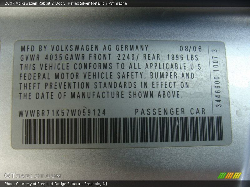 Reflex Silver Metallic / Anthracite 2007 Volkswagen Rabbit 2 Door