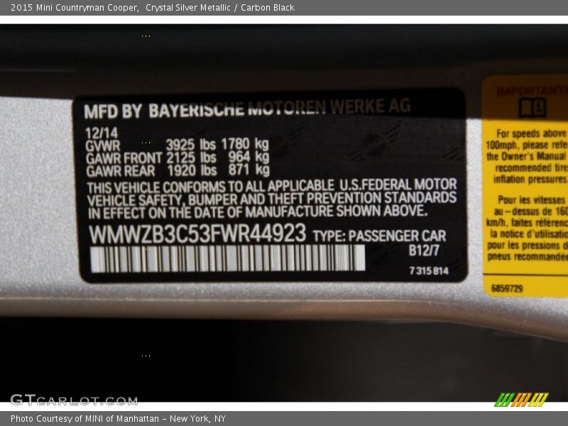 2015 Countryman Cooper Crystal Silver Metallic Color Code B12
