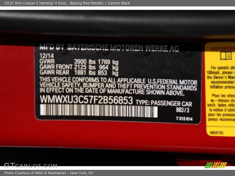 2015 Cooper S Hardtop 4 Door Blazing Red Metallic Color Code B83