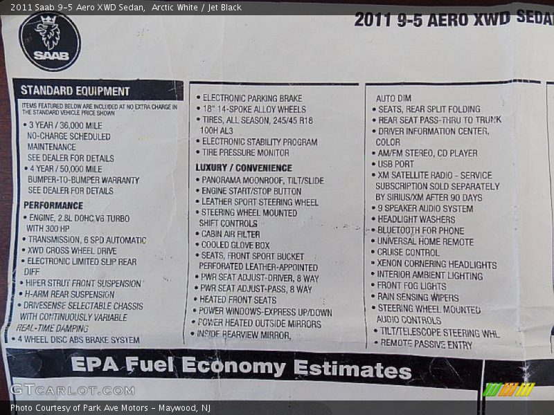  2011 9-5 Aero XWD Sedan Window Sticker