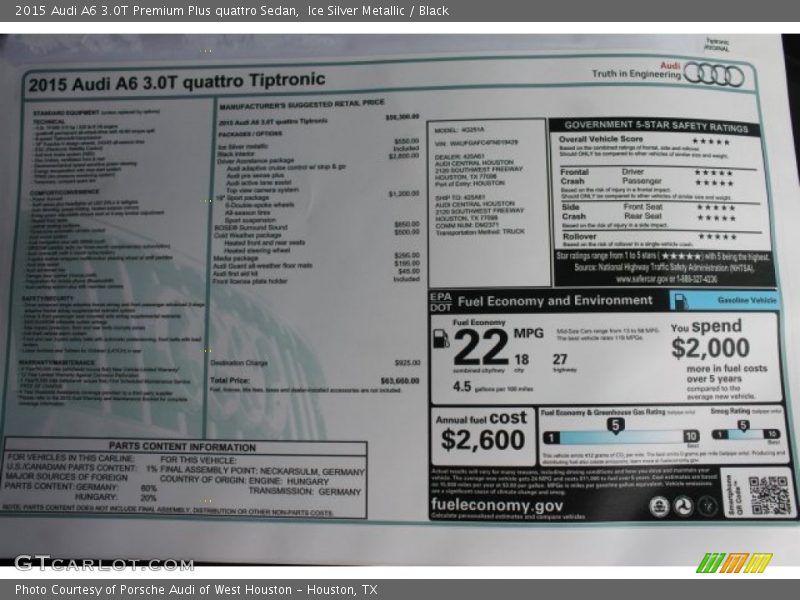 Ice Silver Metallic / Black 2015 Audi A6 3.0T Premium Plus quattro Sedan