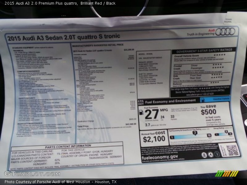 Brilliant Red / Black 2015 Audi A3 2.0 Premium Plus quattro