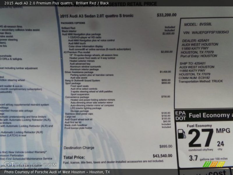 Brilliant Red / Black 2015 Audi A3 2.0 Premium Plus quattro
