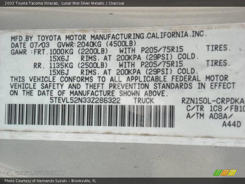 Lunar Mist Silver Metallic / Charcoal 2003 Toyota Tacoma Xtracab