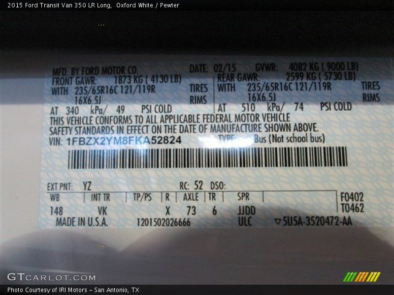 Oxford White / Pewter 2015 Ford Transit Van 350 LR Long