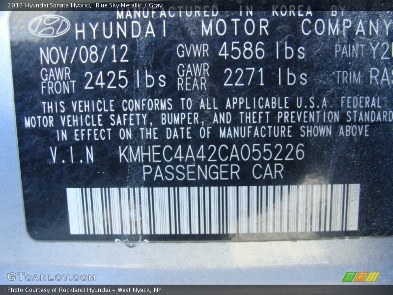 Blue Sky Metallic / Gray 2012 Hyundai Sonata Hybrid