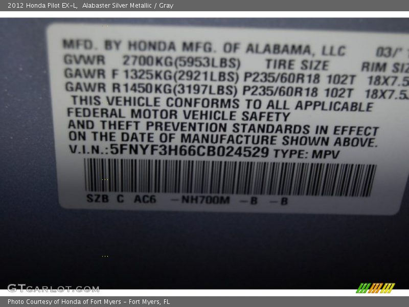 Alabaster Silver Metallic / Gray 2012 Honda Pilot EX-L
