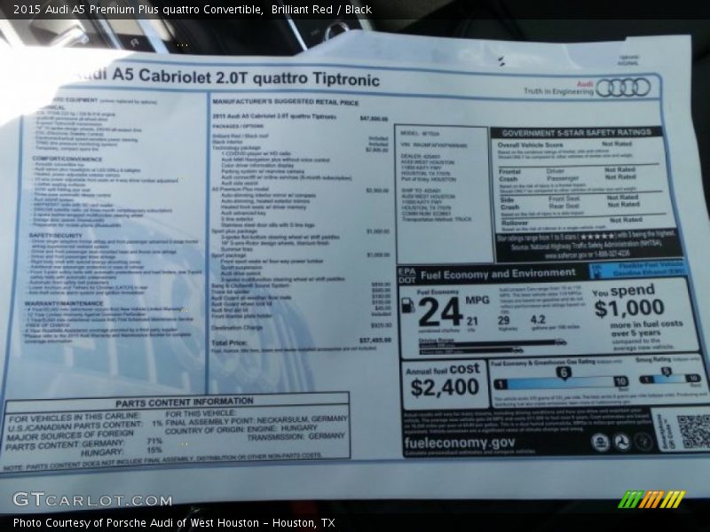Brilliant Red / Black 2015 Audi A5 Premium Plus quattro Convertible