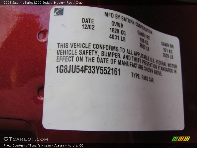 Medium Red / Gray 2003 Saturn L Series L200 Sedan