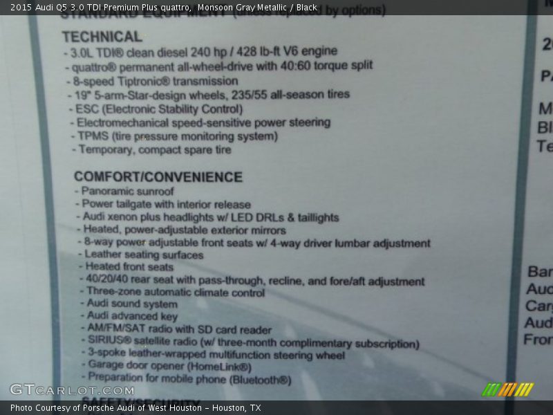 Monsoon Gray Metallic / Black 2015 Audi Q5 3.0 TDI Premium Plus quattro